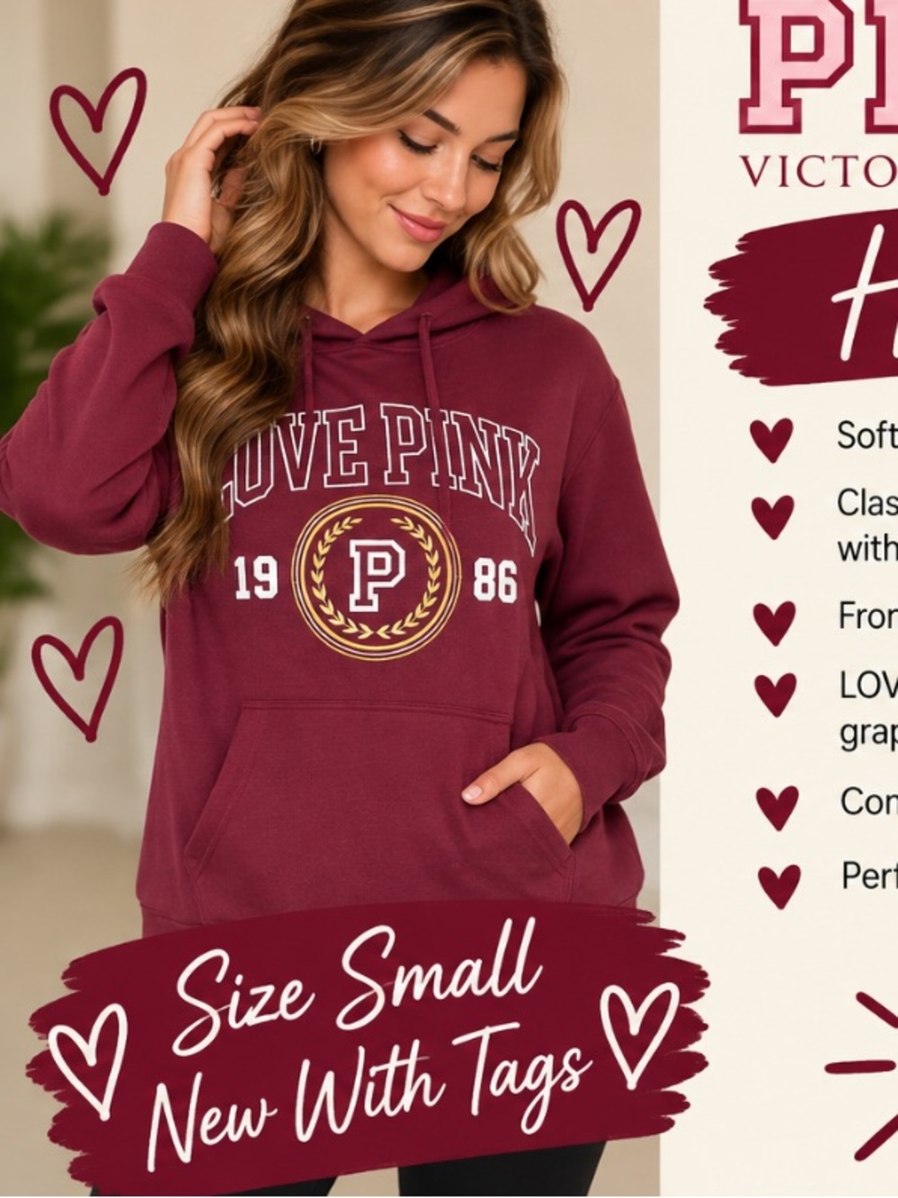 PINK Victoria’s Secret Burgundy Love Pink 1986 Logo Pullover Hoodie Small NWT